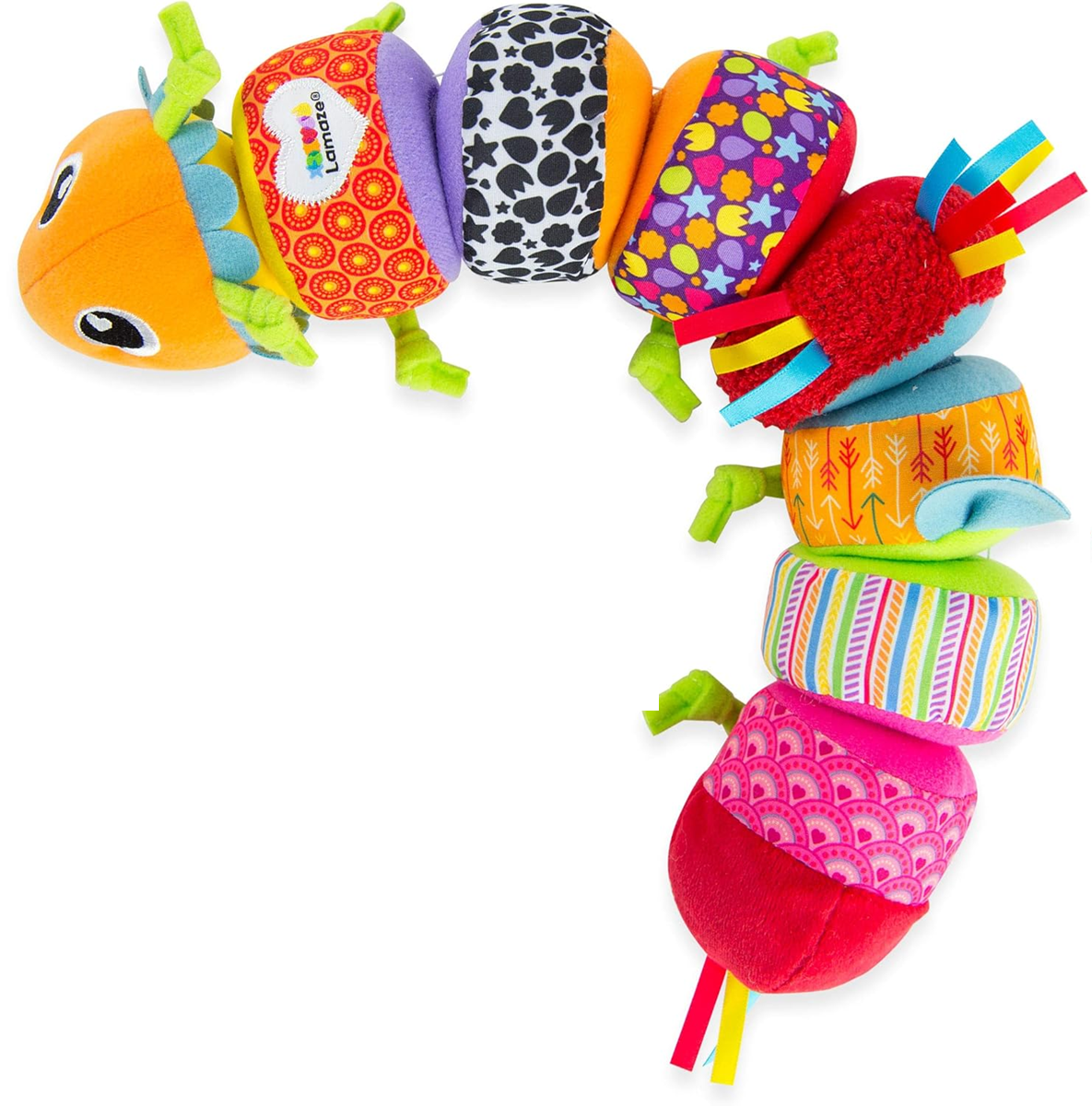 LAMAZE Mix & Match αισθητηριακή κάμπια με κουδουνίστρα, 8 κομμάτια με βέλκρο, 44 εκ.