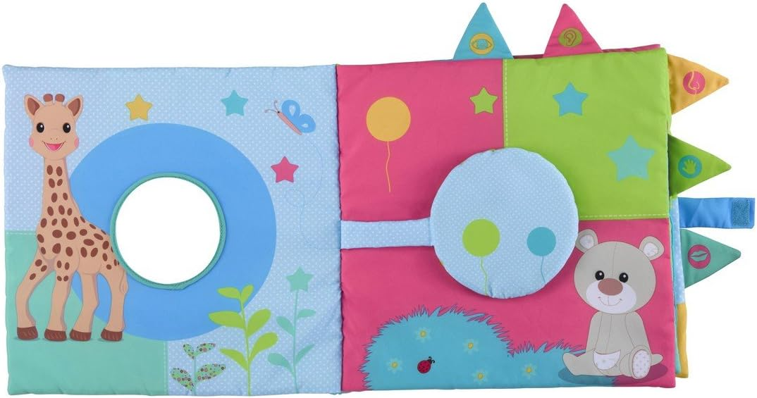 ŻYRAFA SOPHIE książeczka sensoryczna duża 30 x 30, kolorowa książeczka z lusterkiem i metkami