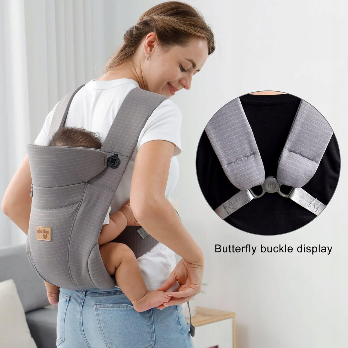 VRBABIES nosidełko ergonomiczne szare z regulowaną klamrą butterfly dla dziecka, wygodne noszenie od 3,5 do 15 kg