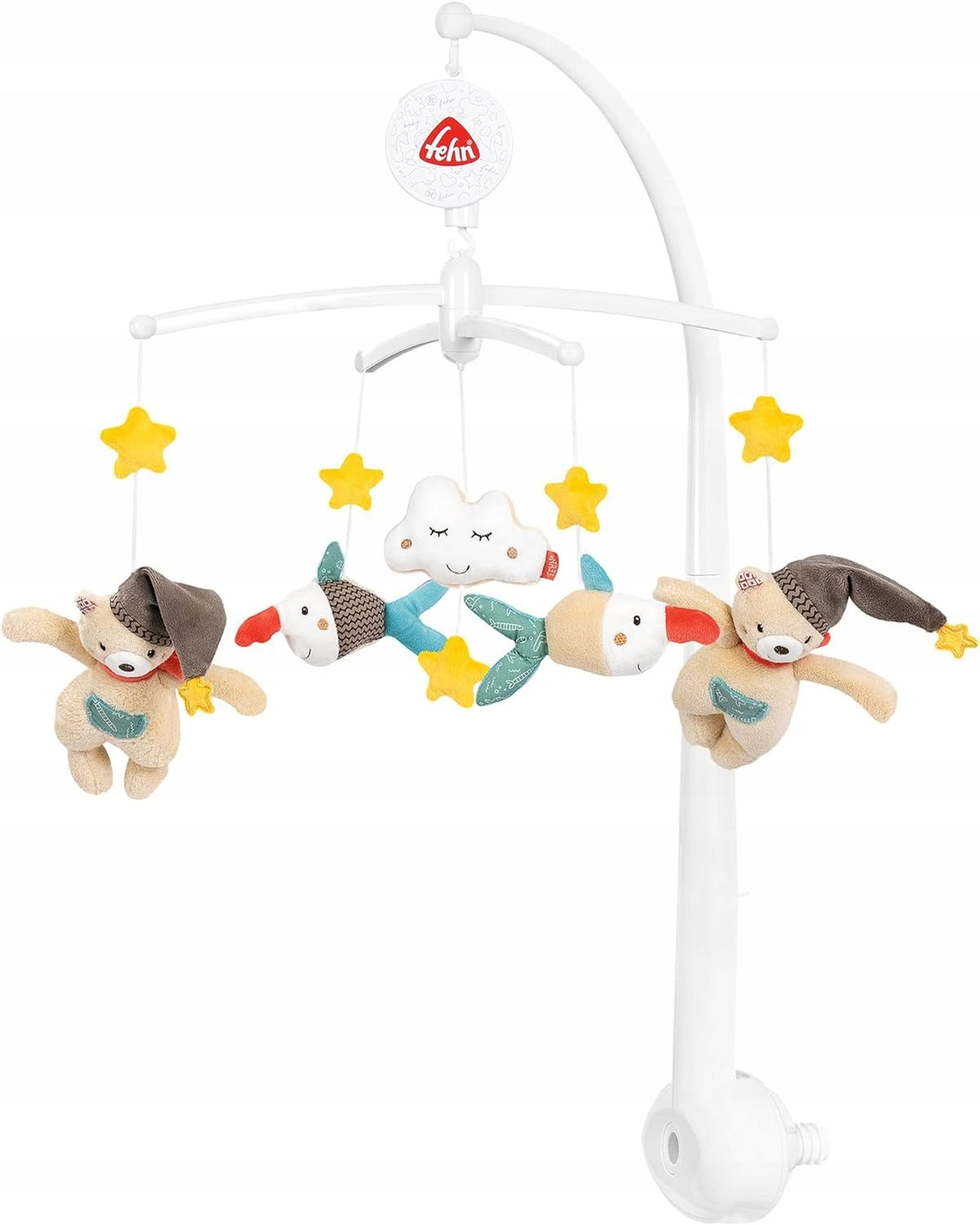 FEHN Miś Bruno KARUZELA do łóżeczka, wielokolorowa karuzela z pluszowymi zabawkami i pozytywką do łóżeczka