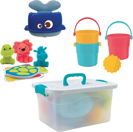 LUDI set de juguetes para el baño 9 piezas + caja con asa