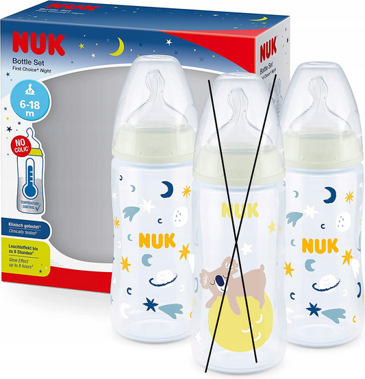 NUK First Choice+ No Colic NIGHTSet of 2x 300ml glow-in-the-dark bottles with temperature controlAge 6-18