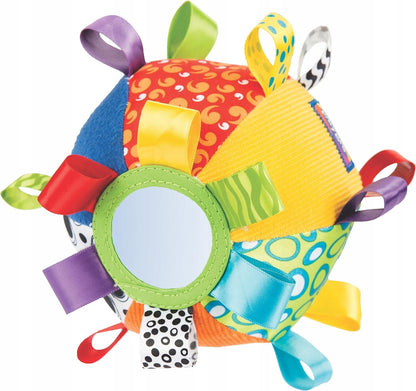 Wielokolorowa piłka Playgro Loopy Loops z wstążkami i okrągłym lusterkiem.
