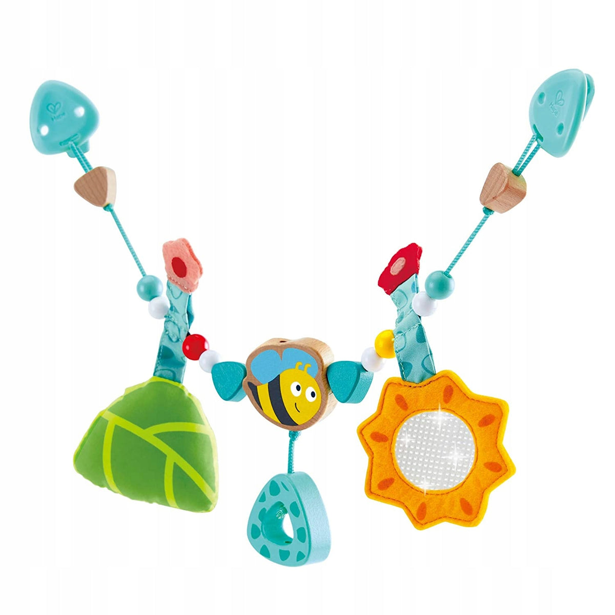 HAPE zawieszka do wózka łóżeczka fotelika 43 cm kolorowa, drewniano-plastikowa zabawka sensoryczna dla dziecka 0+