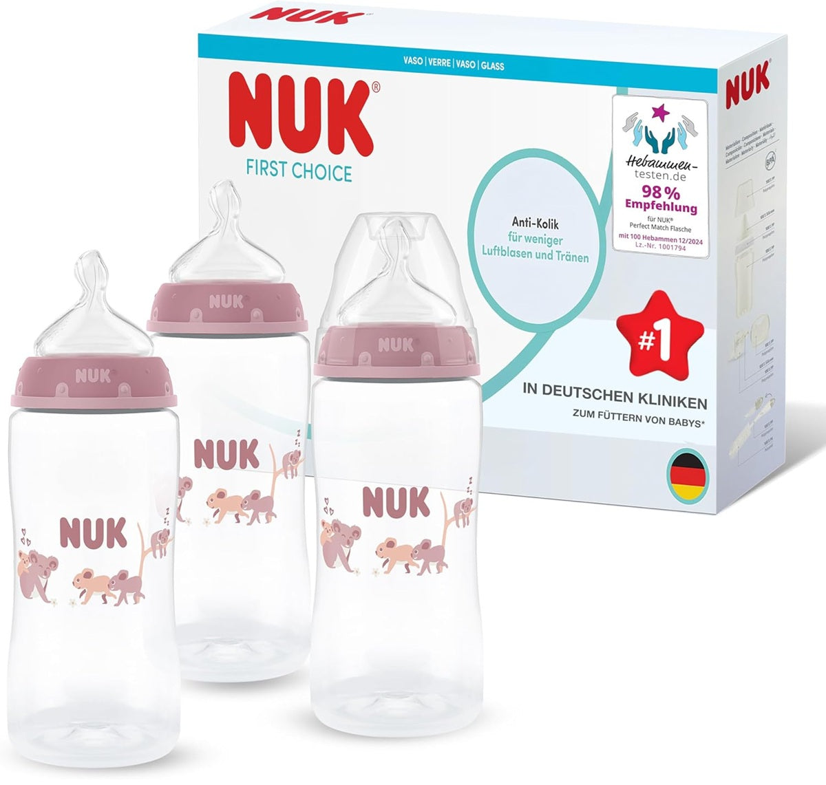 NUK First Choice zestaw 3x butelka 300 ml smoczek M 3 m+ KOALA