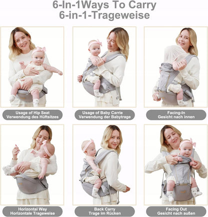GROWNSY nosidełko ergonomiczne z pasem biodrowym 6w1, szare, 6 sposobów noszenia dziecka