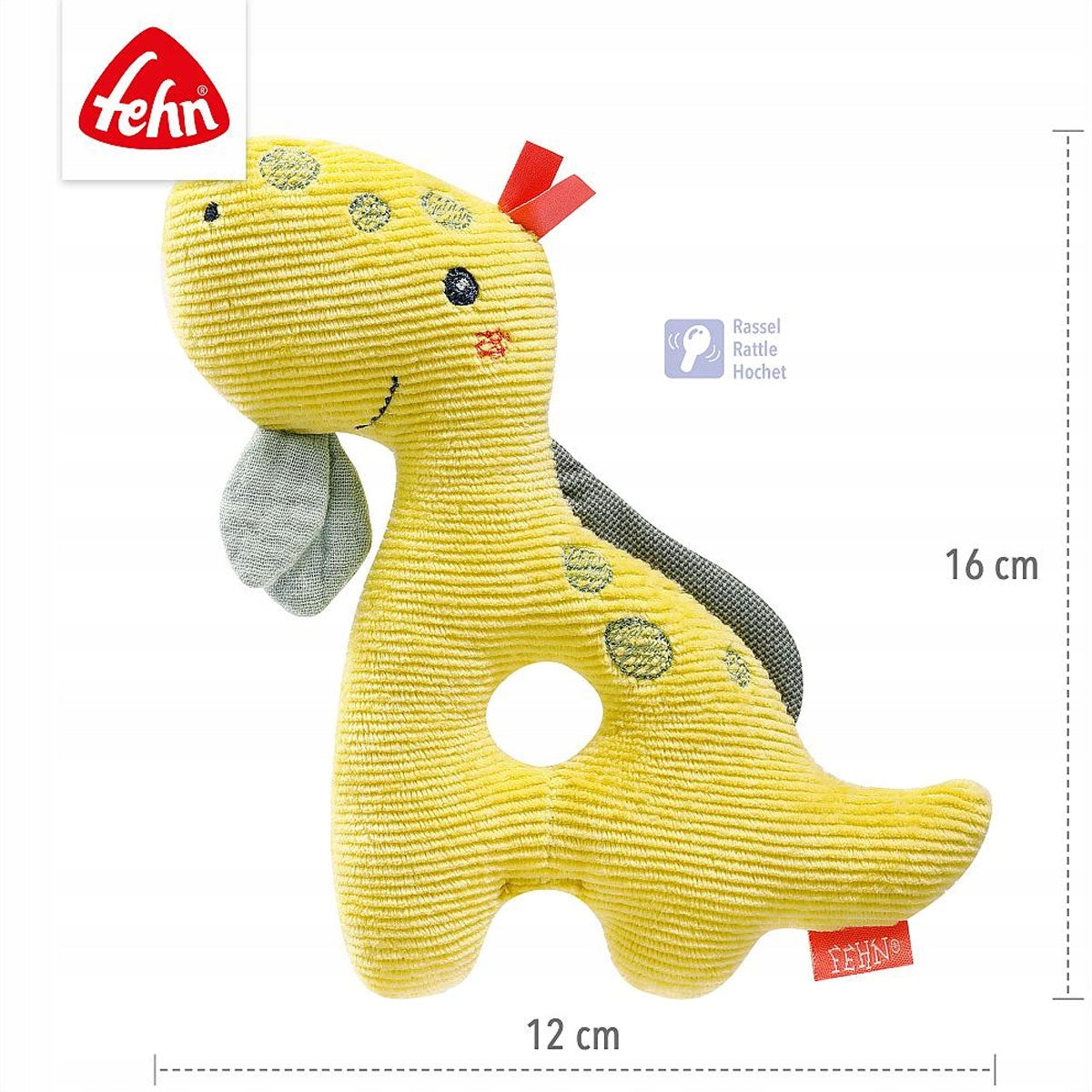 FEHN Happy Dino grzechotka chwytak dla niemowląt 16cm, kolorowy dinozaur 0+ z tkaniny