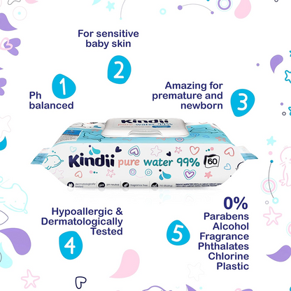 KINDII Pure Water 99 μαντηλάκια υγρά με νερό x60