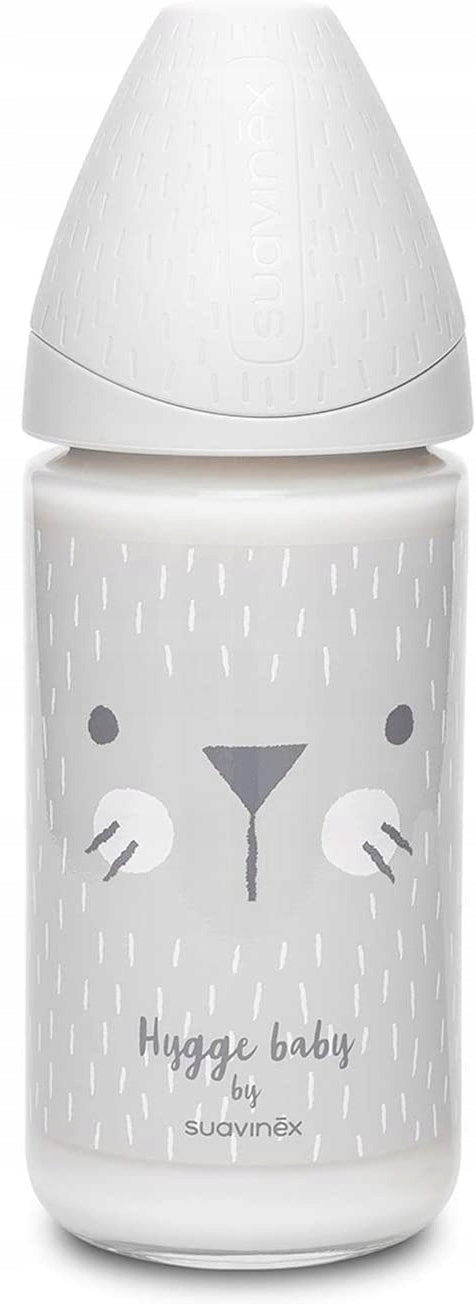 SUAVINEX szklana butelka 240 ml HYGGE 0m+ antykolkowa z motywem misia, silikonowy smoczek