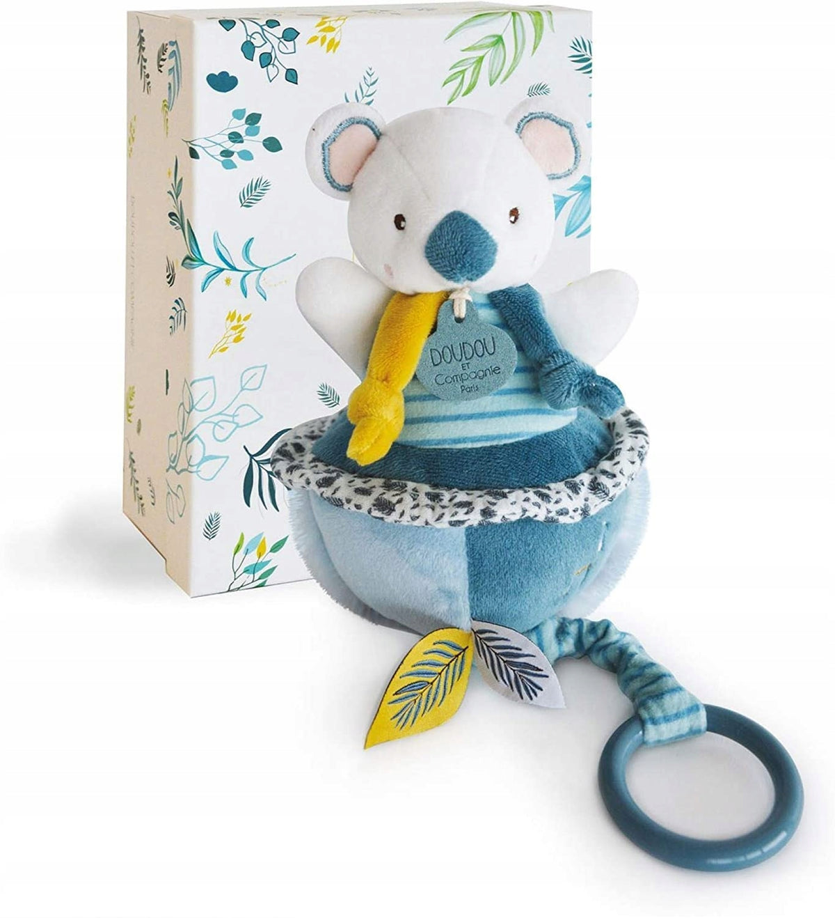 DOUDOU et COMPAGNIE koala z pozytywką 20 cm, biało-turkusowa przytulanka dla niemowląt w ozdobnym pudełku