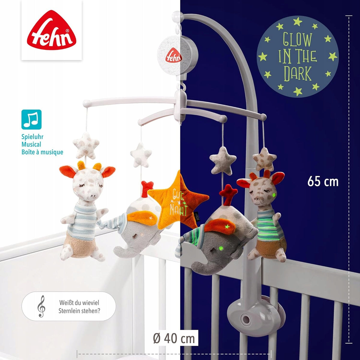 FEHN Καληνύχτα ΠΕΡΙΣΤΡΕΦΟΜΕΝΟ μουσικό παιχνίδι για κούνια ΦΩΣΦΟΡΙΖΕΙ ΣΤΟ ΣΚΟΤΑΔΙ