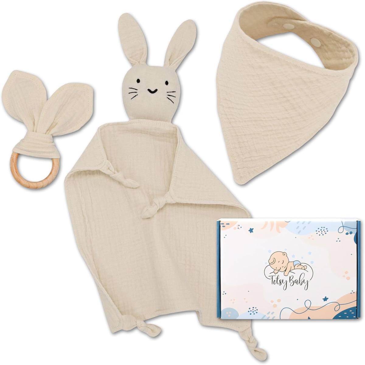 TOTSY BABYcomforter, bib, teethercolour beigedimensions of blanket 27 x 27 cmother dimensions shown on one of