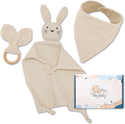 TOTSY BABYcomforter, bib, teethercolour beigedimensions of blanket 27 x 27 cmother dimensions shown on one of