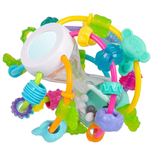 PLAYGRO Play and Learn Ball gryzak chwytak z grzechotką i lusterkiem 14 cm, kolorowa zabawka sensoryczna dla niemowląt