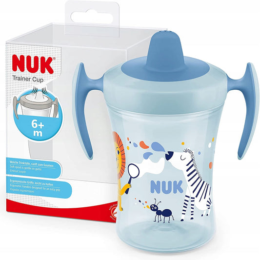 NUK Trainer Cup KUBEK NIEKAPEK lew i zebra 6 m+ 230 ml, niebieski kubek z uchwytami i zwierzętami