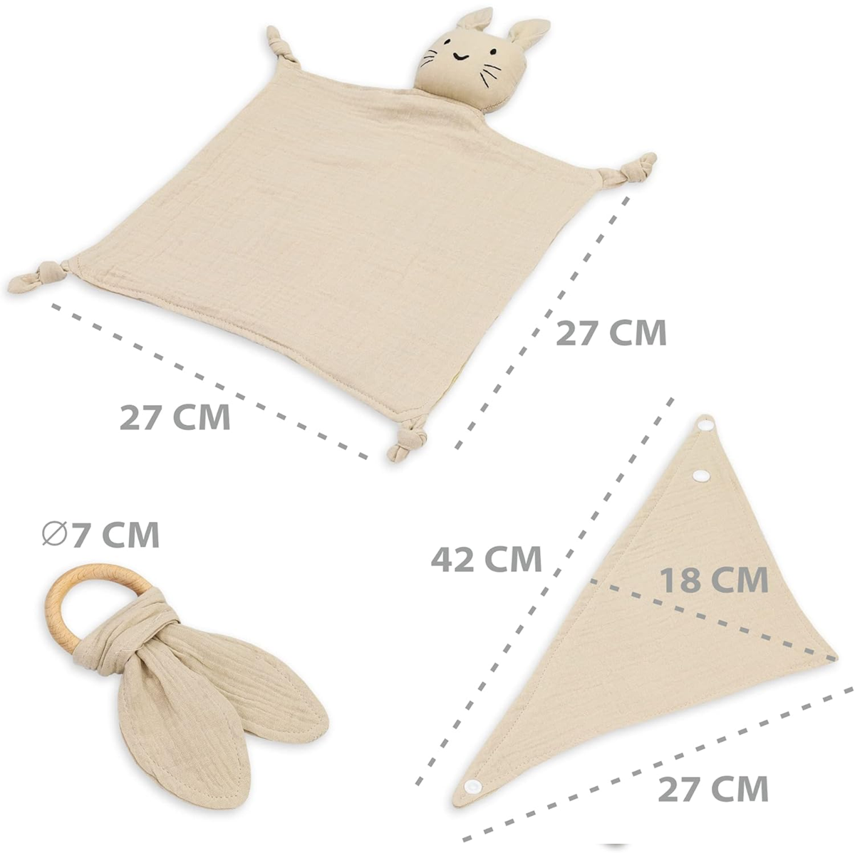 TOTSY BABYcomforter, bib, teethercolour beigedimensions of blanket 27 x 27 cmother dimensions shown on one of