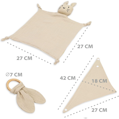 TOTSY BABYcomforter, bib, teethercolour beigedimensions of blanket 27 x 27 cmother dimensions shown on one of