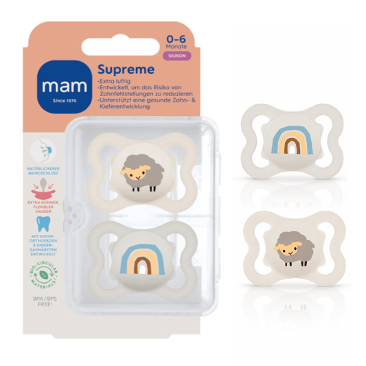 MAM Supreme smoczek uspokajający silikonowy 0-6m x2, zestaw z motywem owieczki i tęczy