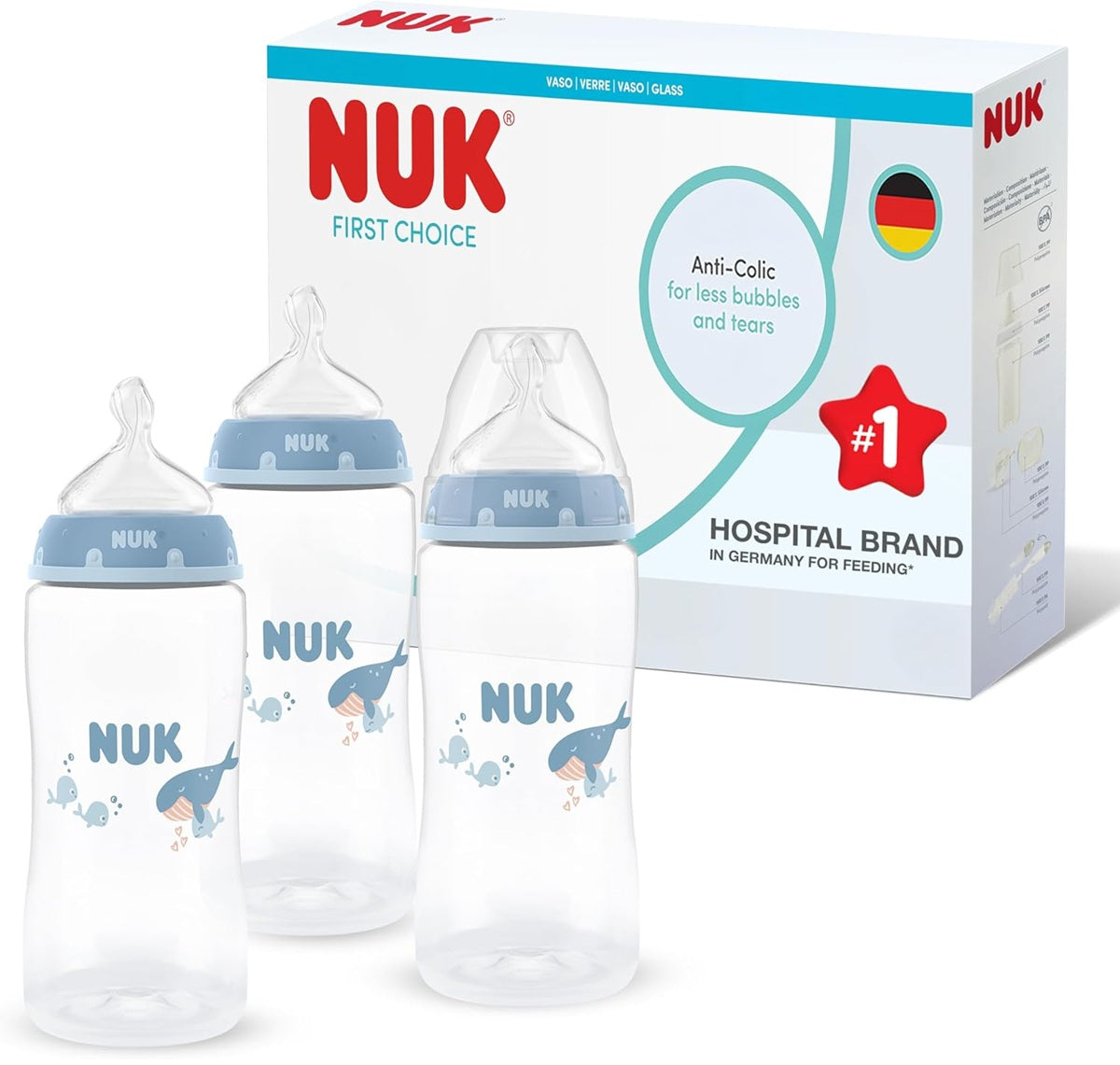 NUK First Choice zestaw 3x butelka 300 ml smoczek M 3 m+ WIELORYB