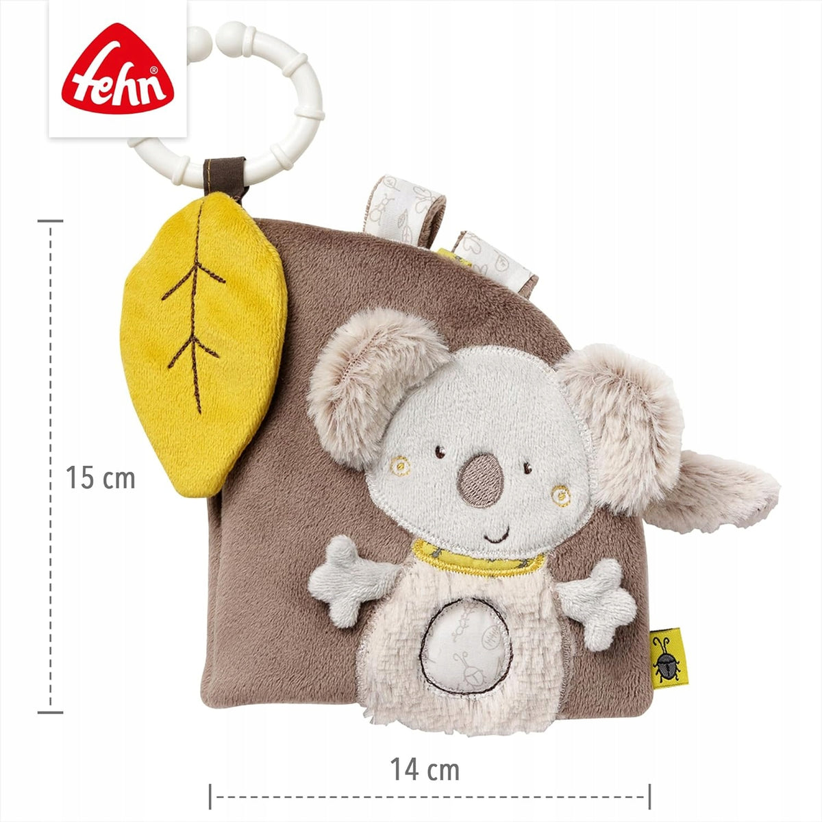FEHN AUSTRALIA książeczka sensoryczna ZAWIESZKA koala z liściem, zawieszka 15 cm dla niemowląt 0+