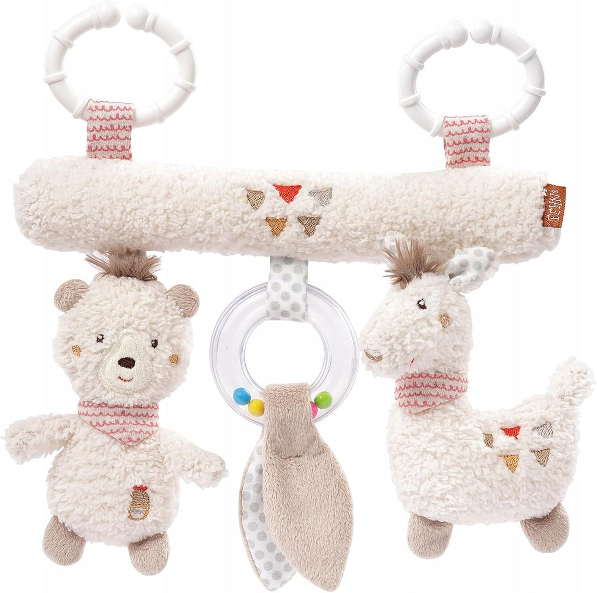 FEHN Trapezanhänger Rassel und Quietsche für Kinderwagen PERU
