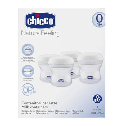 CHICCO Natural Feeling 4 x 150 ml milk container, cap with teat (slow flow) and cover