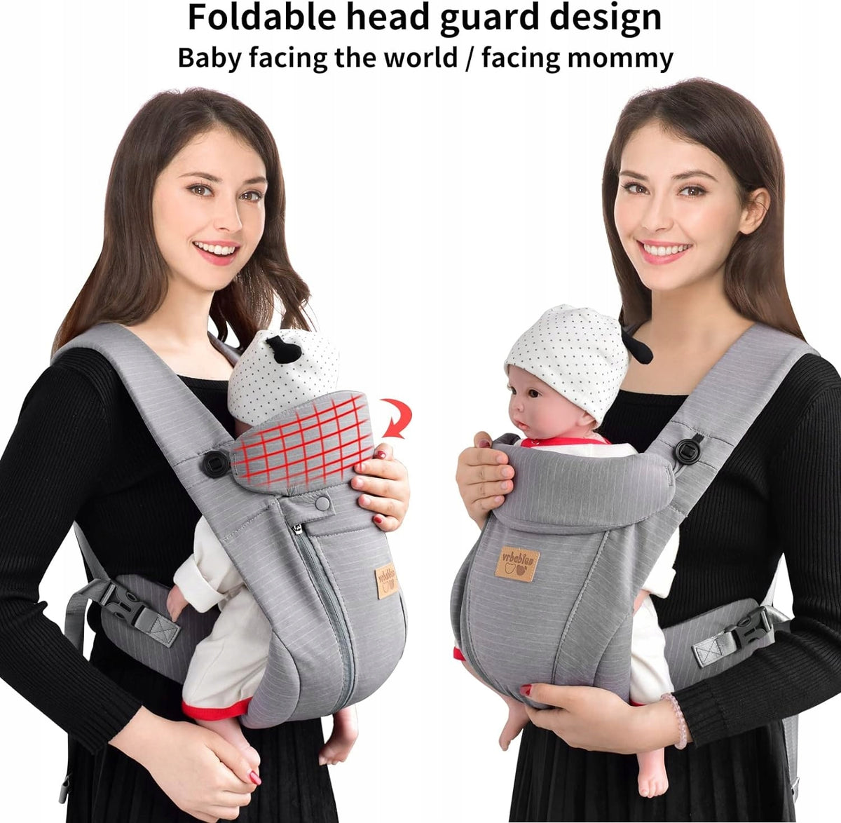 VRBABIES nosidełko ergonomiczne z regulowanym zagłówkiem, noszenie przodem i do mamy, szare