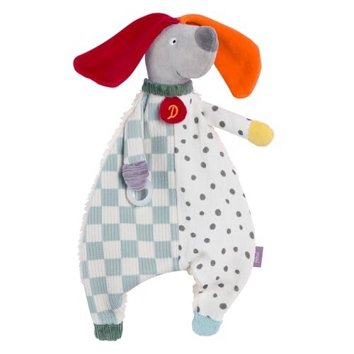 Kolorowa przytulanka pies z szarym pyszczkiem, żółtą łapką i małym pierścieniem przy tułowiu.