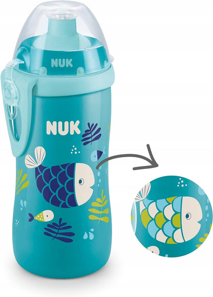 NUK Junior Cup BUTELKA 18 m+ ustnik push-pull 300 ml EFEKT KAMELEONA, niebieska butelka dla dzieci