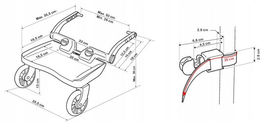 LASCAL Buggy Board Mini DOSTAWKA uniwersalna 22kg, czarna dostawka do wózka z wymiarami i systemem mocowania