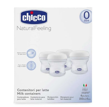 CHICCO Natural Feeling 4 x 150 ml milk container, cap with teat (slow flow) and cover