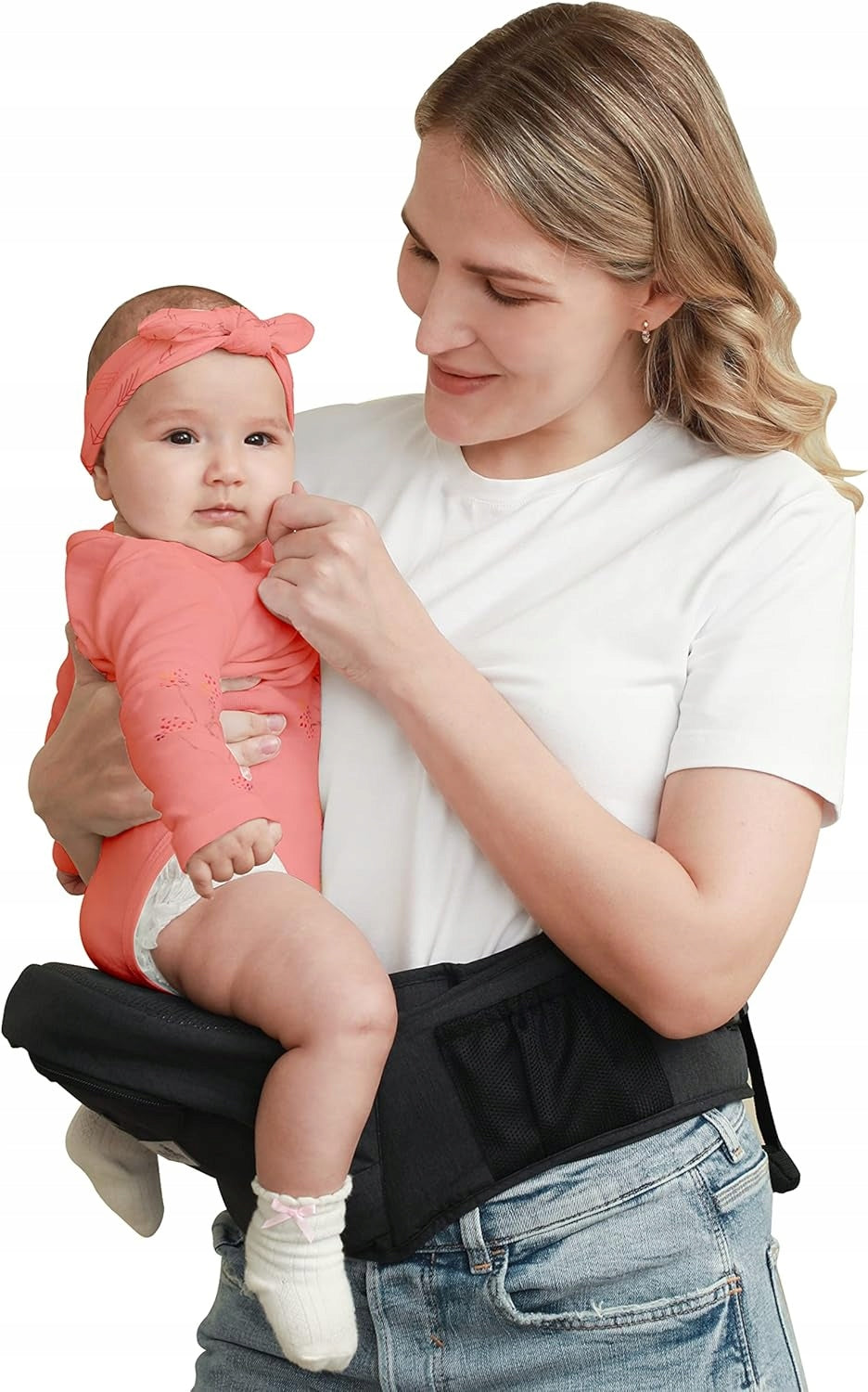 BABYMUST fotelik nosidełko biodrowe 4-30 kg, mama nosi dziecko na biodrach, kolor różowy