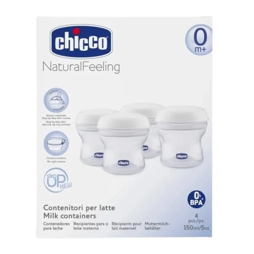 CHICCO δοχεία για γάλα 4 x 150 ml + θηλή με καπάκι